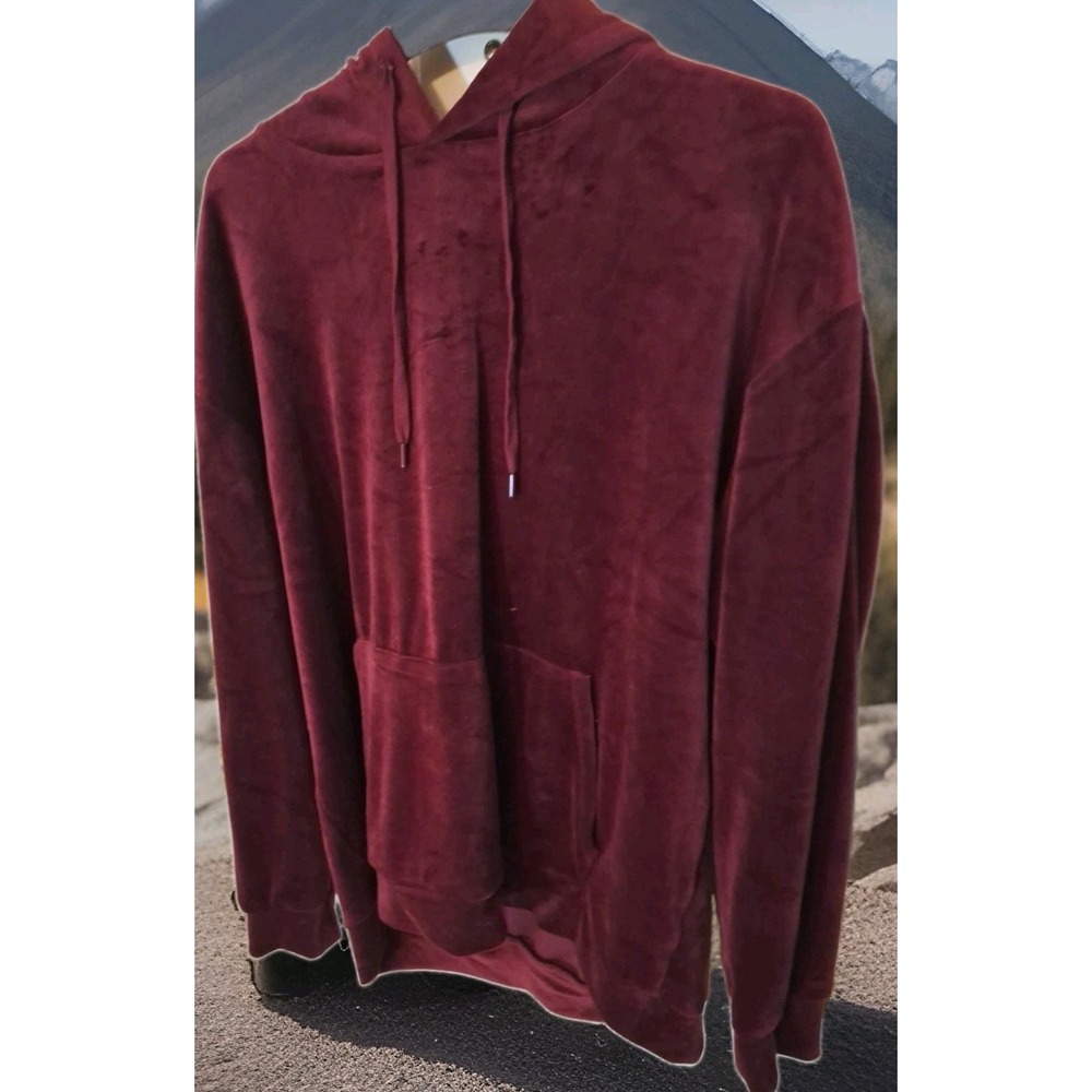 Fashion Nova Men XXL S Soft Velour Burgundy Hoodie Sweatshirt  Pouch Pocket  224